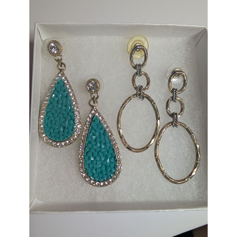 Boho Dangle Earrings - Rhinestone Turquoise Teardrops & Mixed Metal Link Hoops